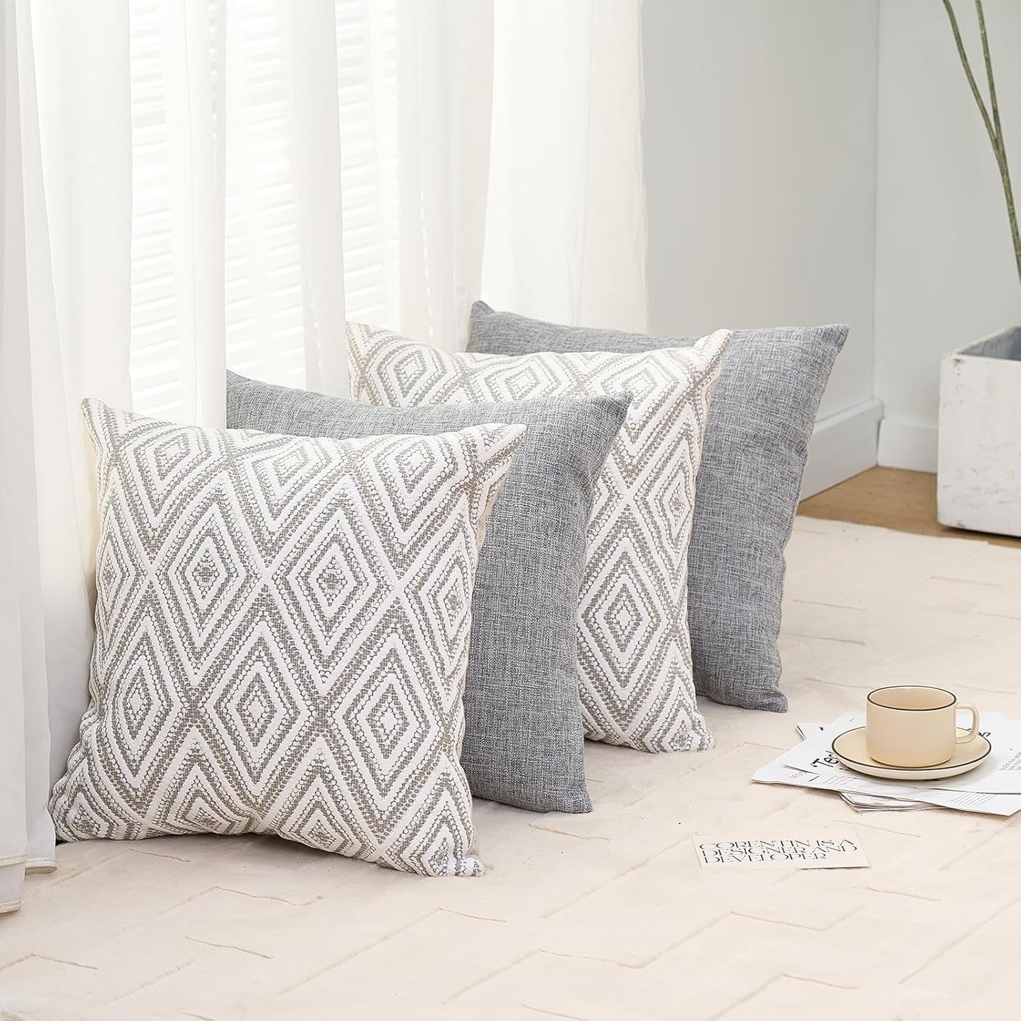 Decorative Pillow Covers Couch Throw for Couch, Sofa, Bed, 18X18 Inch Set of 4 Polyester Farmhouse Covers, Grey