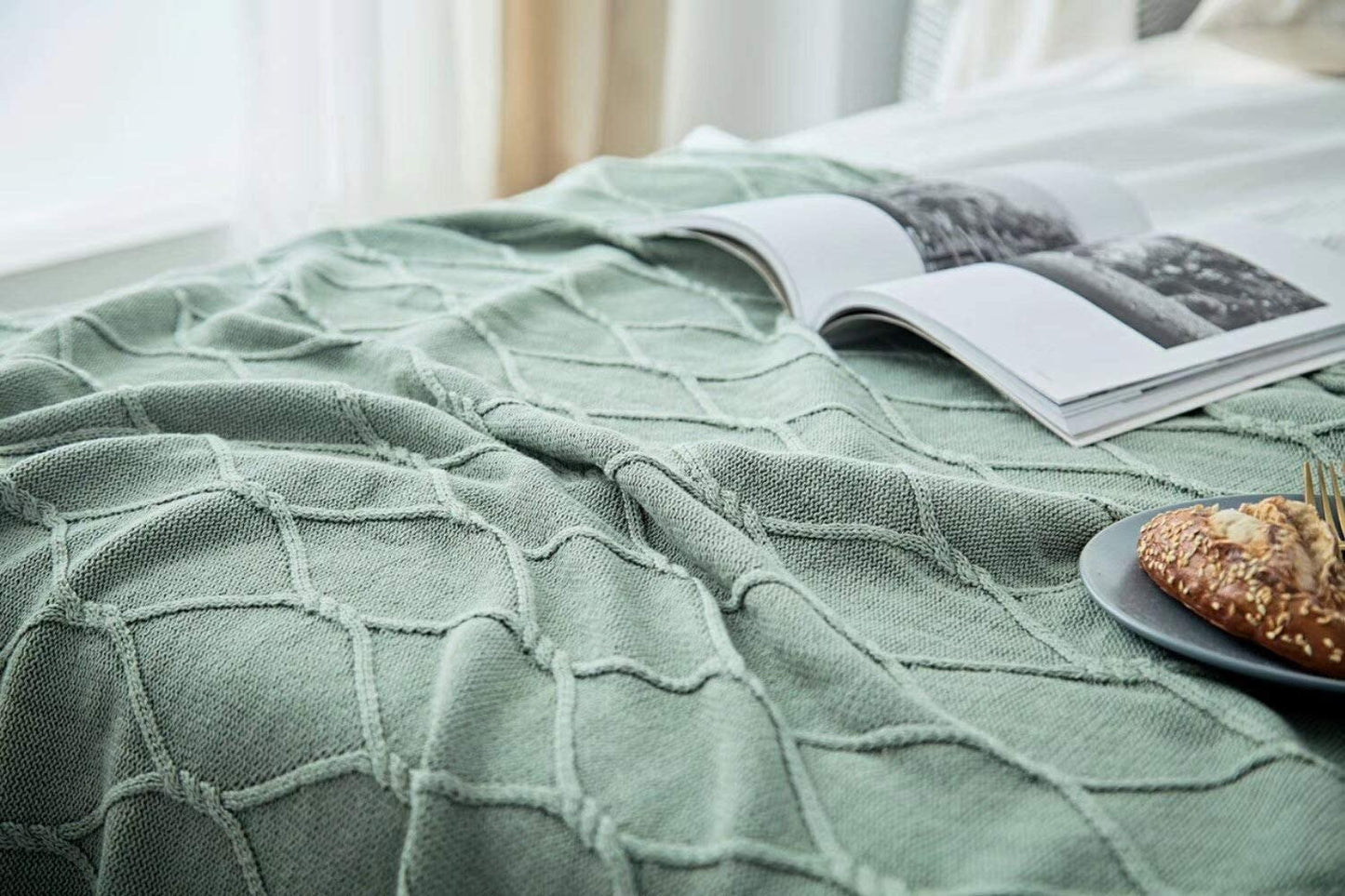 100% Cotton Sage Green Cable Knit Throw Blanket for Couch, Sofa with Bonus Laundering Bag for Couch Sofa Bed – Lightweight 50 X 63, Extra Cozy, Machine Washable, Home Décor