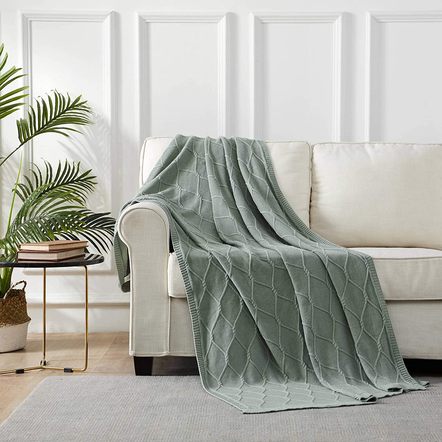 100% Cotton Sage Green Cable Knit Throw Blanket for Couch, Sofa with Bonus Laundering Bag for Couch Sofa Bed – Lightweight 50 X 63, Extra Cozy, Machine Washable, Home Décor