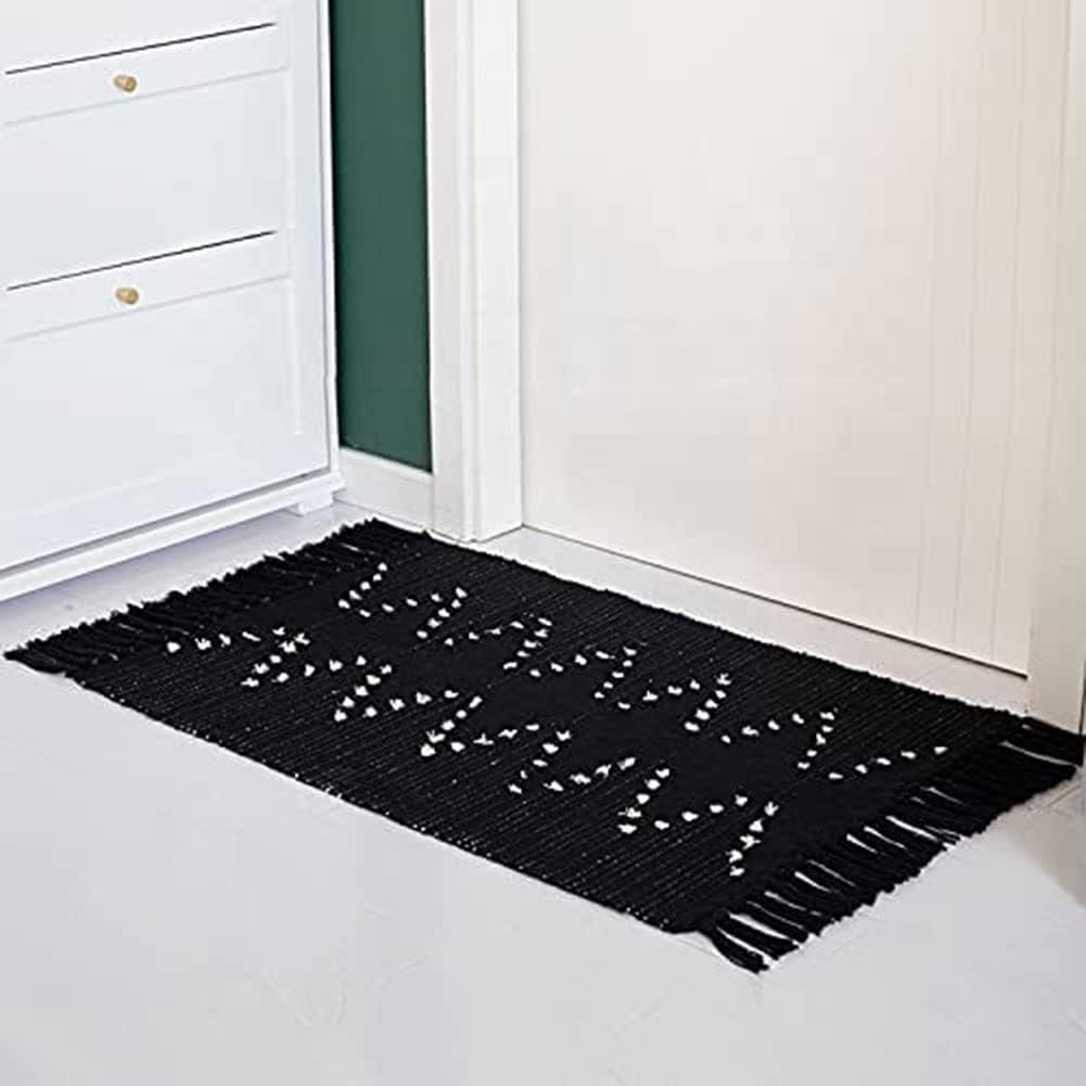 Boho Bathroom Rugs 2'X3' Cotton Hand Woven Area Rug with Tassels Cute Checkerboard Tufted Rug Farmhouse Throw Rug for Laundry Bedroom Living Room Entryway