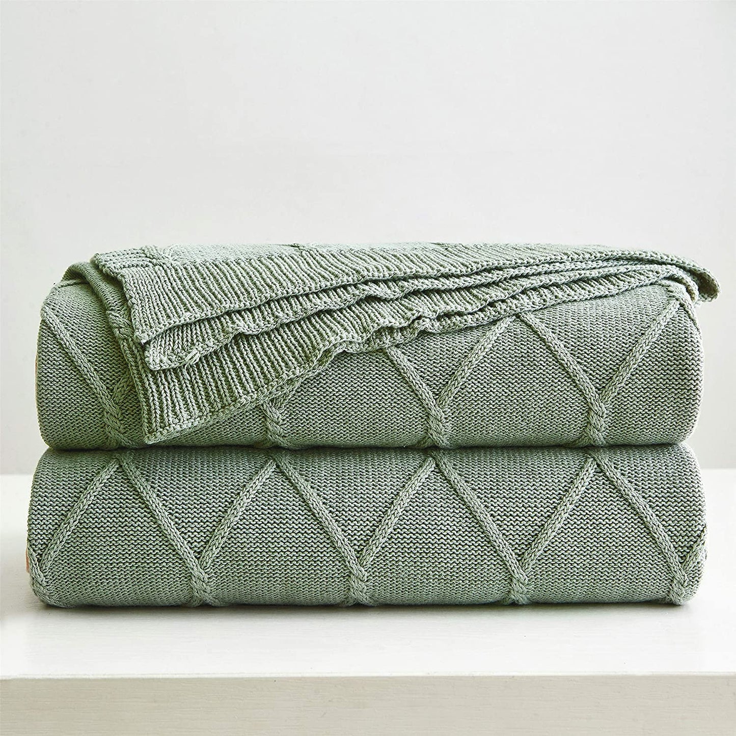 100% Cotton Sage Green Cable Knit Throw Blanket for Couch, Sofa with Bonus Laundering Bag for Couch Sofa Bed – Lightweight 50 X 63, Extra Cozy, Machine Washable, Home Décor