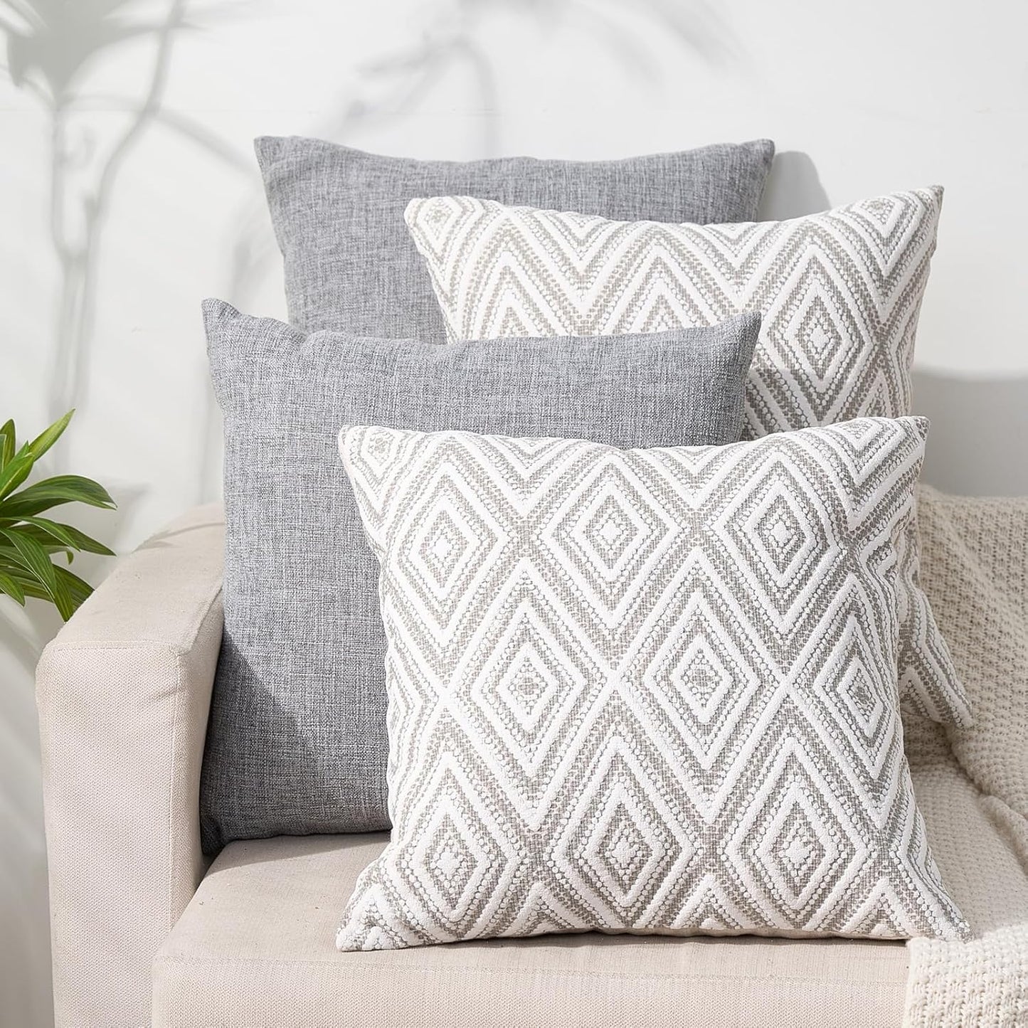 Decorative Pillow Covers Couch Throw for Couch, Sofa, Bed, 18X18 Inch Set of 4 Polyester Farmhouse Covers, Grey