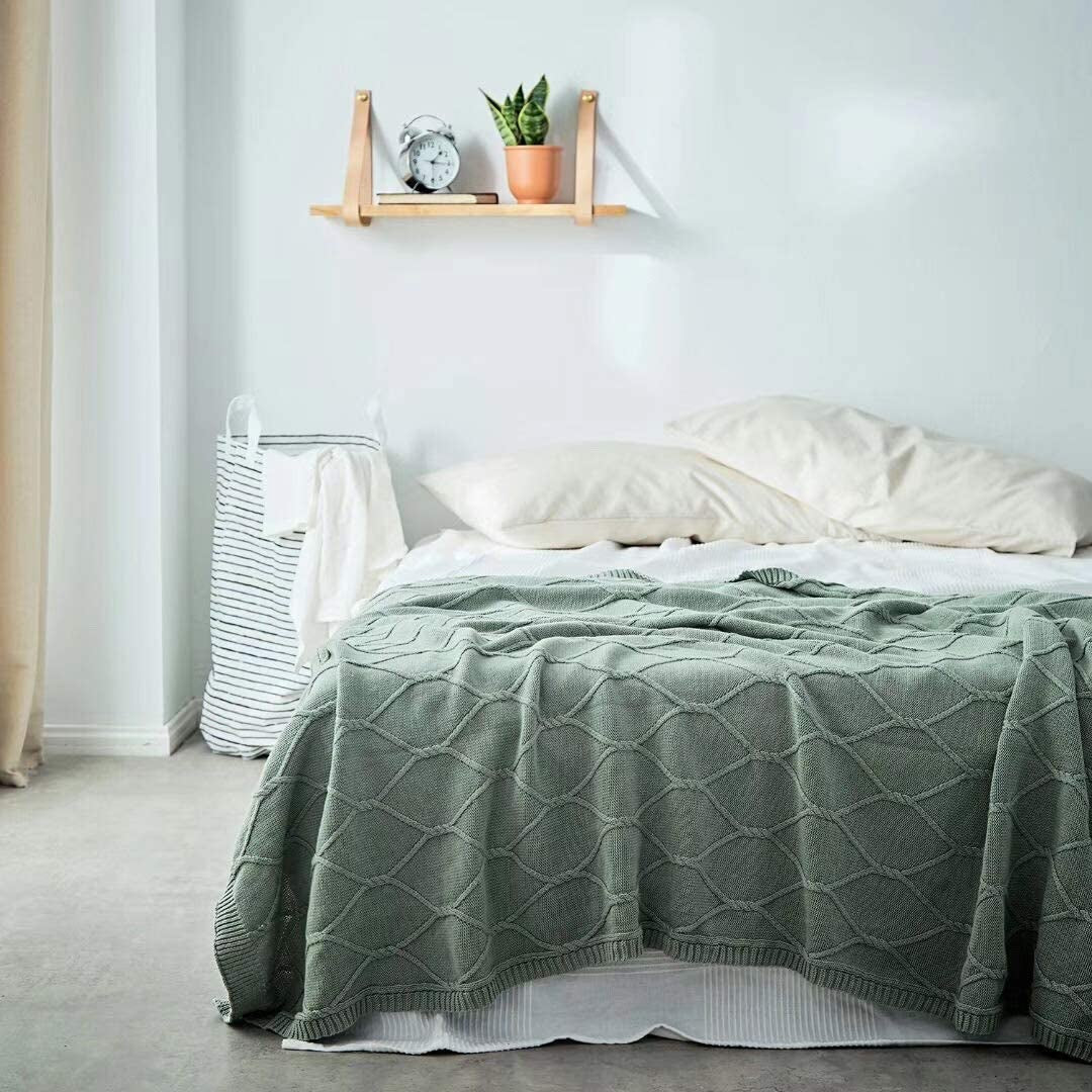 100% Cotton Sage Green Cable Knit Throw Blanket for Couch, Sofa with Bonus Laundering Bag for Couch Sofa Bed – Lightweight 50 X 63, Extra Cozy, Machine Washable, Home Décor