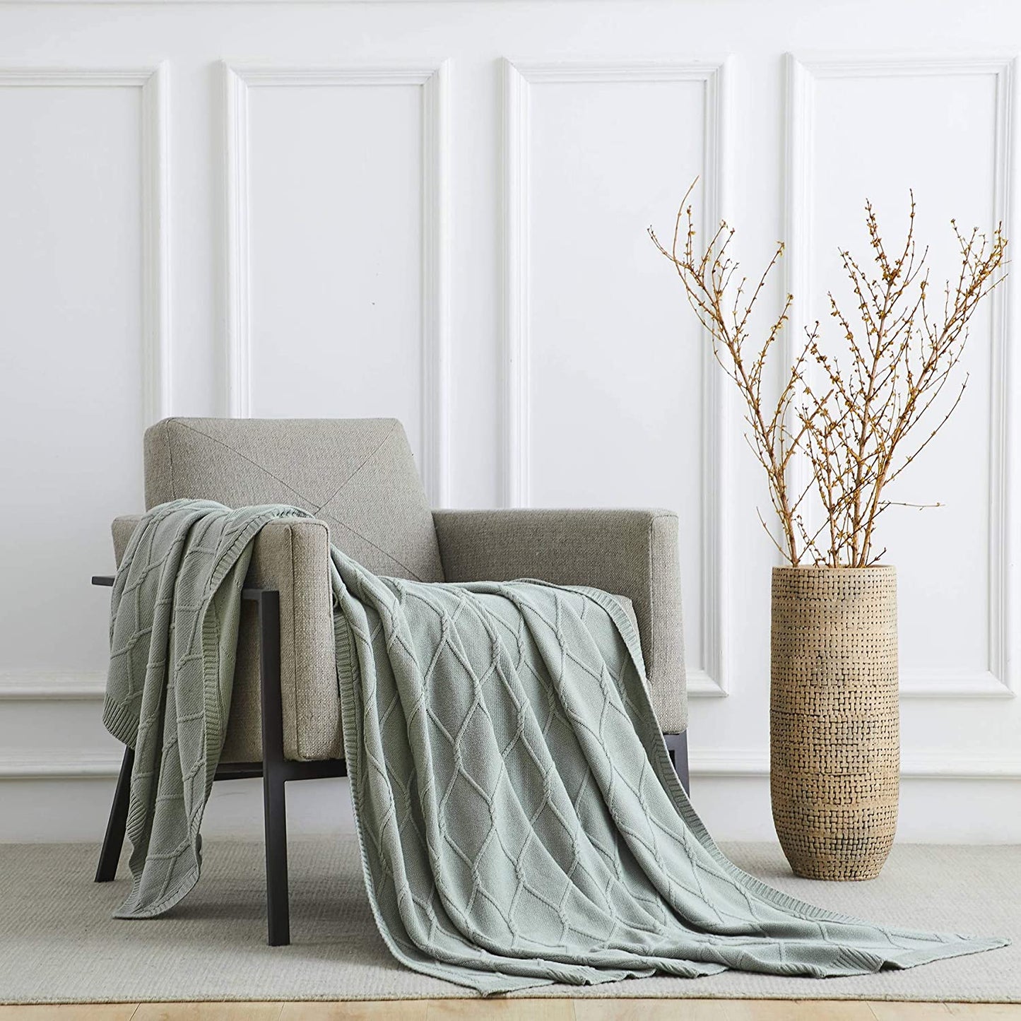 100% Cotton Sage Green Cable Knit Throw Blanket for Couch, Sofa with Bonus Laundering Bag for Couch Sofa Bed – Lightweight 50 X 63, Extra Cozy, Machine Washable, Home Décor