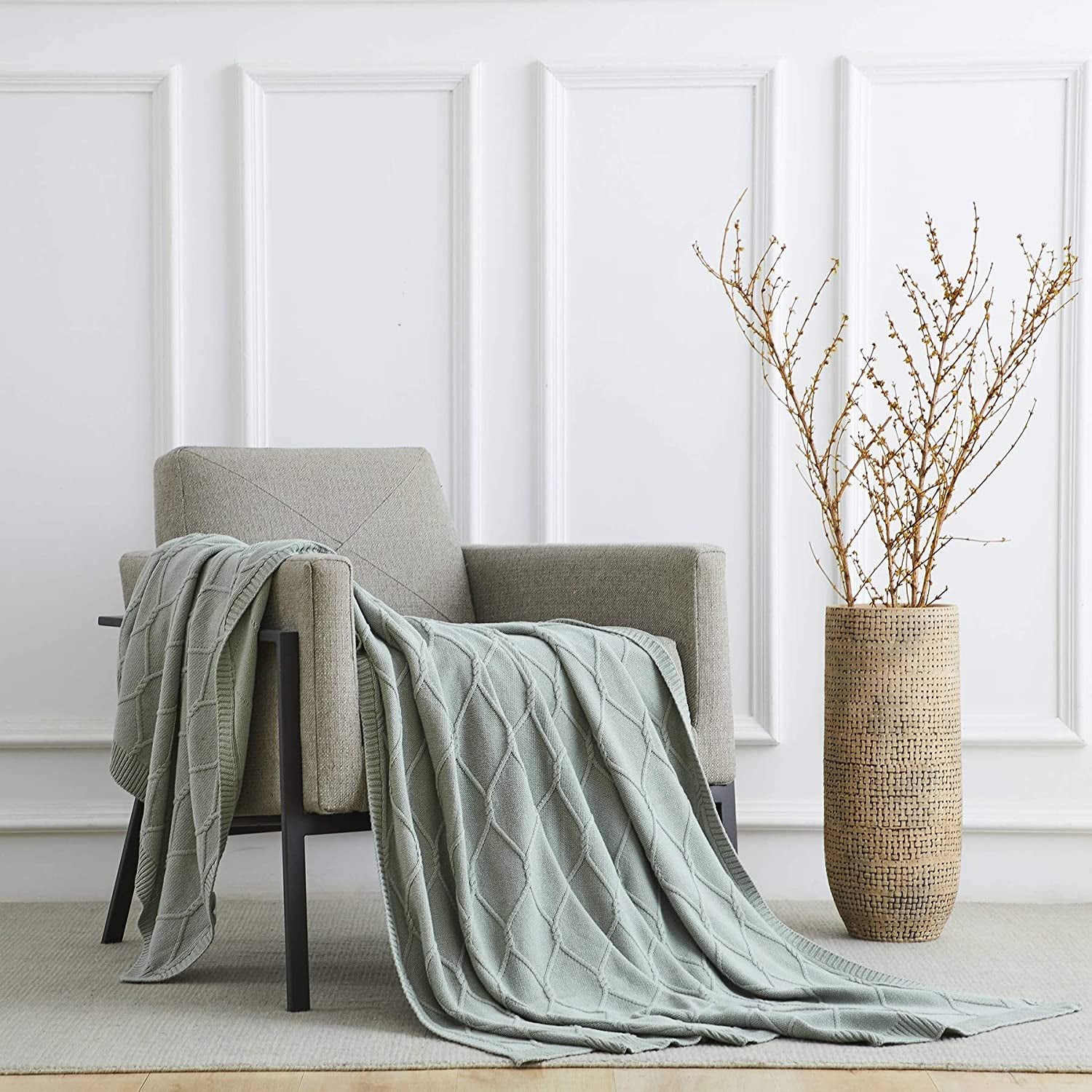 100% Cotton Sage Green Cable Knit Throw Blanket for Couch, Sofa with Bonus Laundering Bag for Couch Sofa Bed – Lightweight 50 X 63, Extra Cozy, Machine Washable, Home Décor