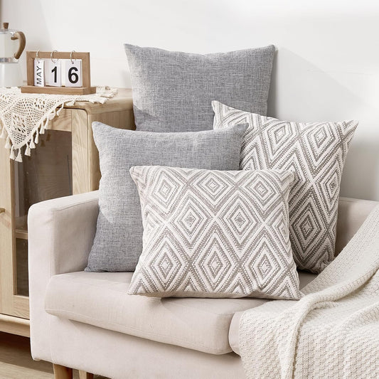 Decorative Pillow Covers Couch Throw for Couch, Sofa, Bed, 18X18 Inch Set of 4 Polyester Farmhouse Covers, Grey
