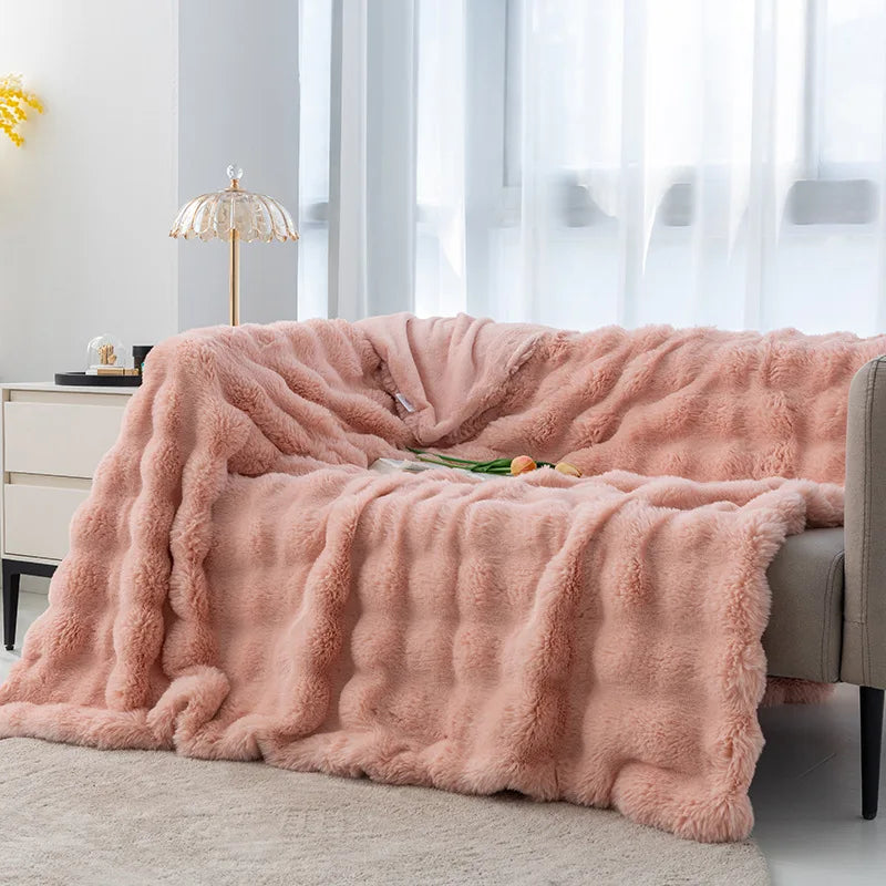 Coral Velvet Bubble Rabbit Flannel Blanket - All-Season 
